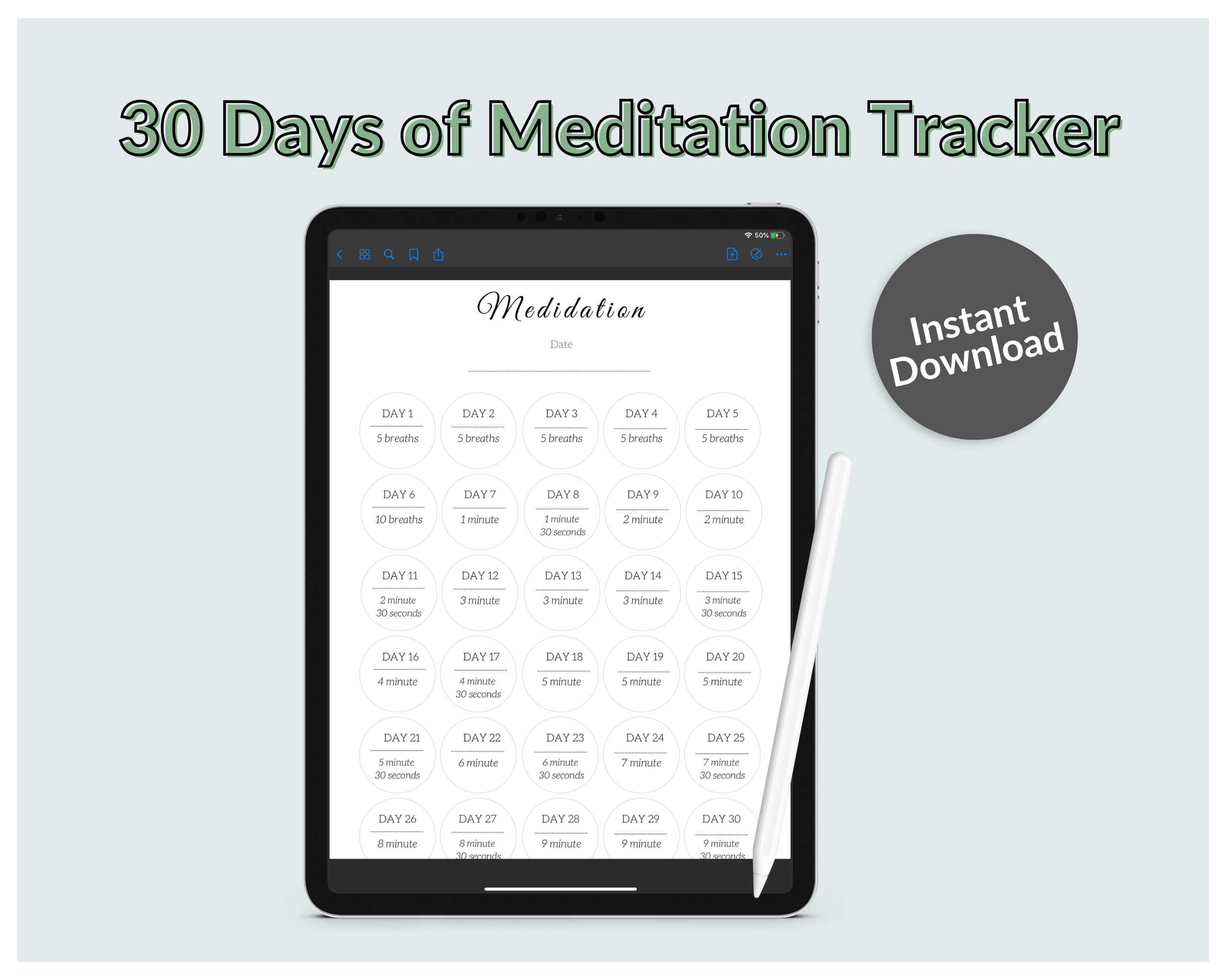 30 Days of Meditation Tracker Log